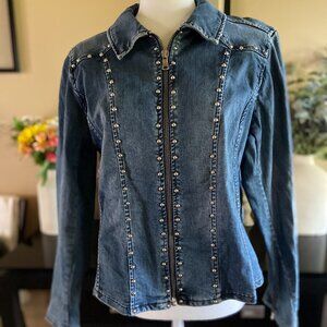 Reba Silver Stud and Floral Embroidered Denim Jean Jacket Large
